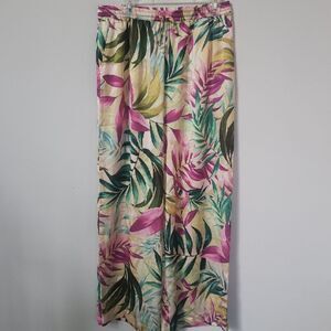 Guess Pants Womens L Tall Tropical Floral Satin Wide Leg Lounge Casual Resort